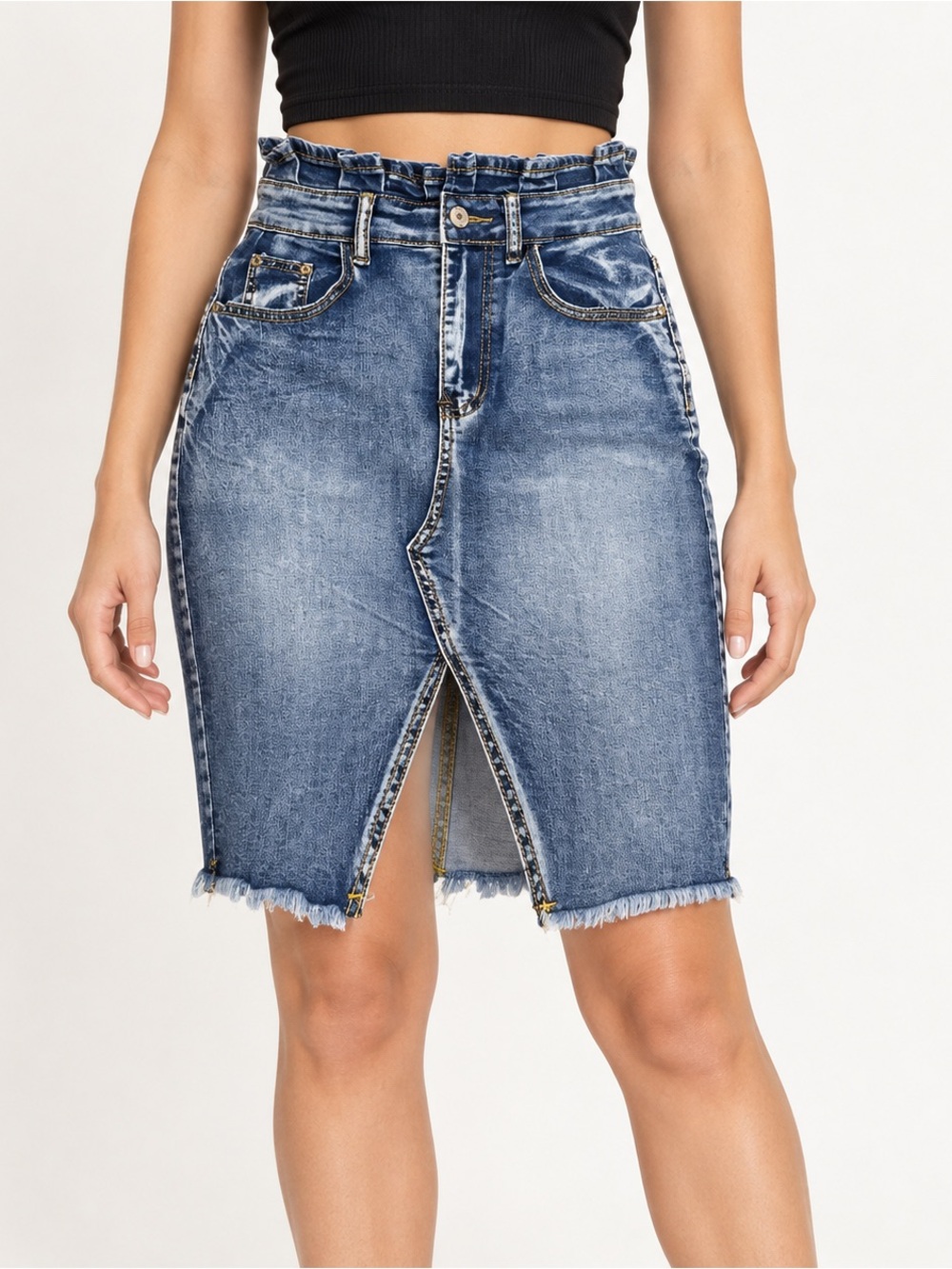 Y2K Acid Wash Denim Midi Skirt Paperbag Waist Front Slit Small